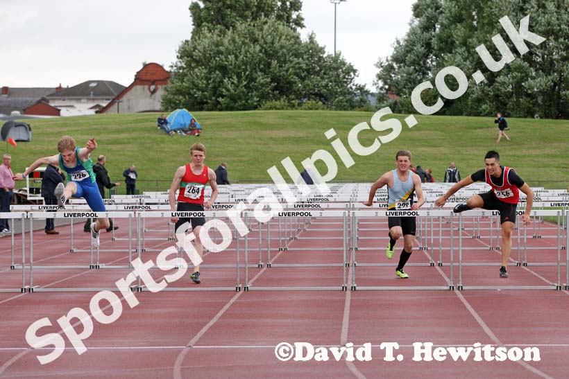Ashley Kirsopp (Warrington) winning the under-17s 100 metres hurdles at the Northern Under-17s and 15s Championships, Liverpool.